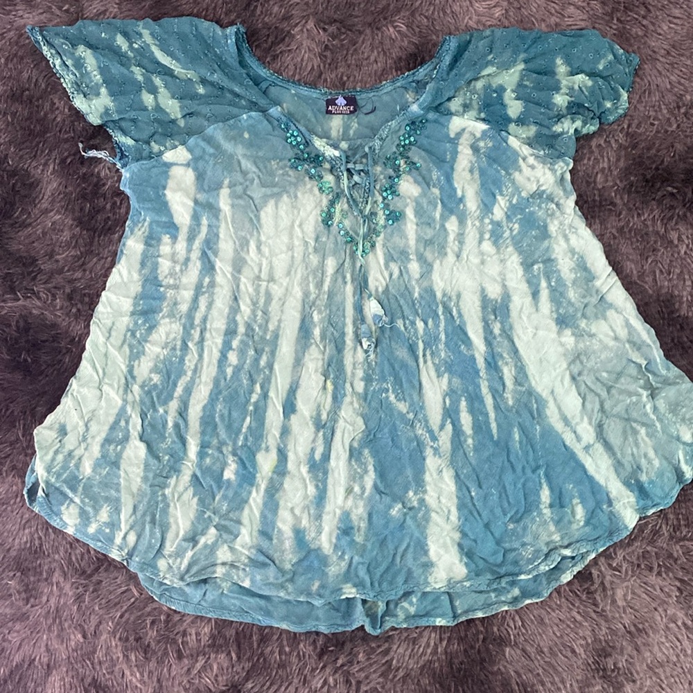Teal acid wash tie dye blouse